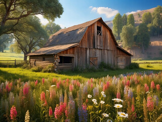A large wooden barn with a thatched roof sits in the middle of a field with wildflowers - Powered by Adobe