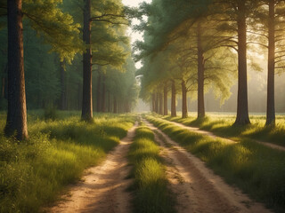 Fototapeta premium A dirt road going through inside tree lines on sunny day