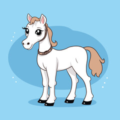 White cartoon horse standing with a blue background. Cute friendly animal character illustration for children.