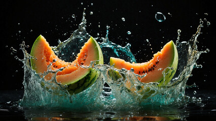 Water splashes colliding with watermelon isolated on black background