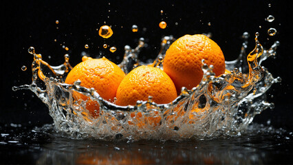 Water splashes colliding with orange isolated on black background