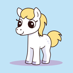 Cute cartoon pony with yellow mane, big eyes standing on blue background. Adorable little horse for kids design vector illustration.