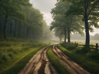 Fototapeta na wymiar Scenic country mud road surrounded by lush green trees and grass