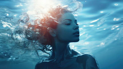 Portrait of young beautiful woman with healthy skin, under water with sunlight with blue water waves made in the double exposure technique. © mariiaplo