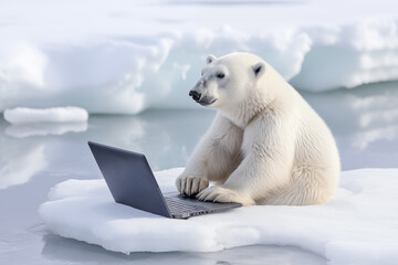 Polar Bear Using Laptop on Iceberg - obrazy, fototapety, plakaty