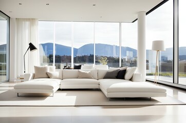 Modern villa interior with comfortable sofas with beautiful natural views. modern living room with a window