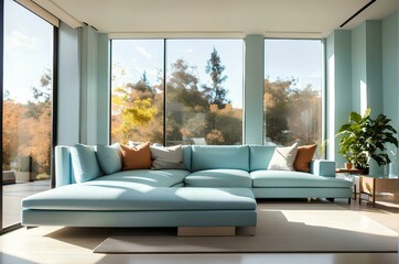 light blue sofa in modern living room with green plant decoration