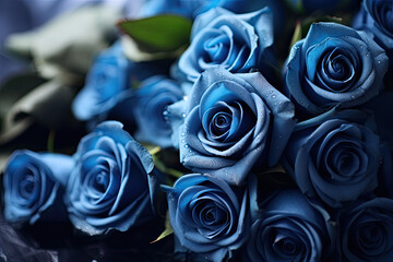 Blue wet roses with water drops on blurred background. Blue flowers wallpaper or background. Generative AI.