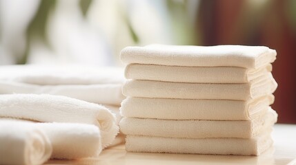 Closeup of a stack of compressed bamboo cleaning towels, ready to be wet and used.