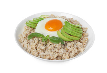 Delicious boiled oatmeal with fried egg, avocado and basil in bowl isolated on white