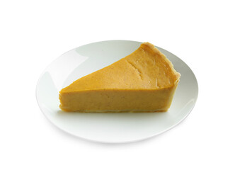 Plate with piece of delicious pumpkin pie isolated on white