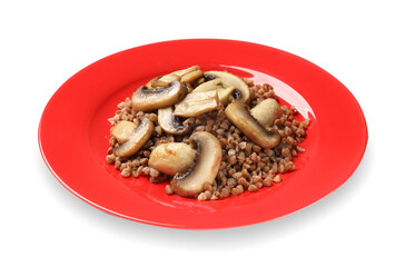 Tasty buckwheat with mushrooms isolated on white
