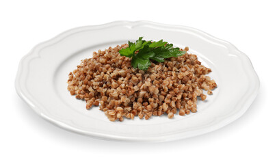 Plate with tasty buckwheat and fresh parsley isolated on white