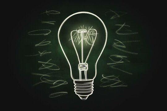 Illuminated lightbulb drawn with chalk on a green chalkboard. Illustration, concept of ideas. Generative AI