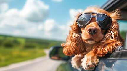 a cocker spaniel with aviator googles sticking his head out of a moving car window, photography, Copy space  - obrazy, fototapety, plakaty