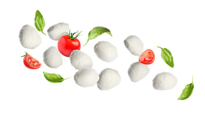 Mozzarella balls, tomatoes and basil leaves falling on white background