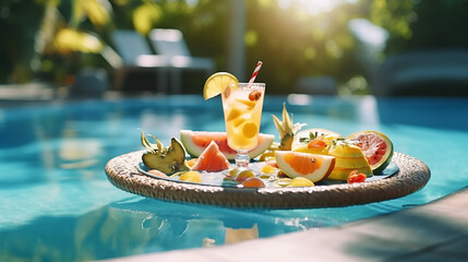 breakfast in swimming pool floating in tropical resort - obrazy, fototapety, plakaty