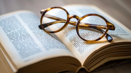 reading glasses laying on a open book. wallpaper background. Generative AI