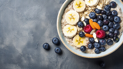 breakfast oatmeal porridge with banana blueberries - obrazy, fototapety, plakaty