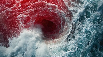 top view, the sea is filled with red tide,Super large whirlpool on the sea surface center