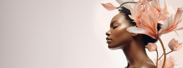 Profile of a Black woman with a serene expression, harmoniously blended with delicate pink lilies. Ideal for themes of wellness and elegance, banner with copy space 