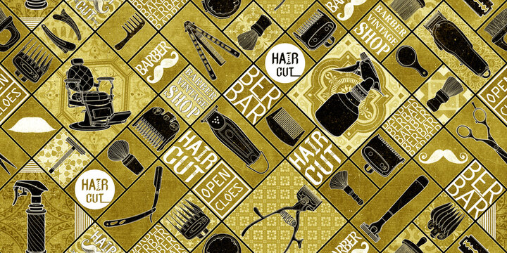 Long pattern seamless barber tools shop vintage icon set logo illustration sign for pattern and blackground.