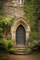 Fototapeta na wymiar Gothic Doorway Amidst Lush Greenery