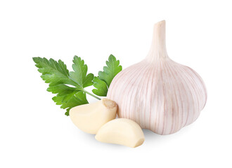 Fresh garlic and green parsley isolated on white