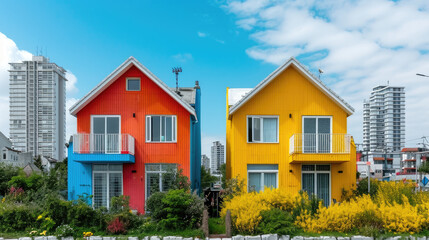 Urban landscape with two brightly colored houses and in the background a modern white apartment building
