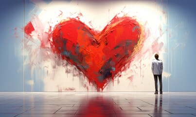Giant painting of a heart on a wall, man stood in front of a painting, pop art, abstract love heart...