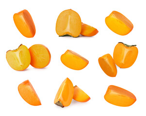 Fresh persimmon fruits isolated on white, collection