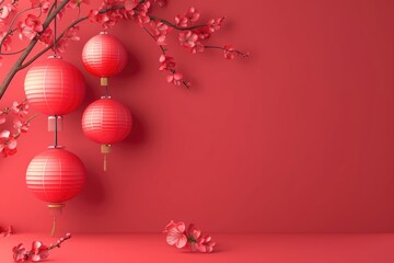 3d China new Year   upon golden color floating clouds with hanging lanterns background, Happy New Year