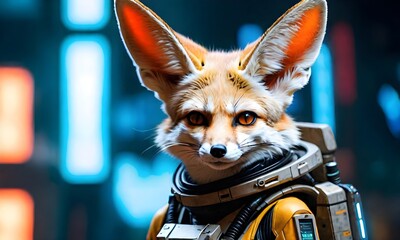 portrait close up of cyber fennec fox - obrazy, fototapety, plakaty