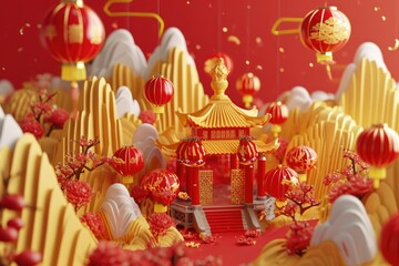 3d China new Year   upon golden color floating clouds with hanging lanterns background, Happy New Year