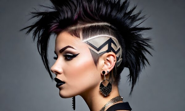 beautiful punk girl with a mohawk, piercing and tattoo on her head