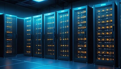 Illustration of data center storage pc bitcoin server room. Graphic art vector digital photo. Generative AI