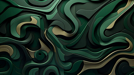 An abstract green pattern with three curves, dark palette chiaroscuro, puzzle-like pieces, embossed paper, wallpaper, spirals