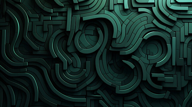 An abstract green pattern with three curves, dark palette chiaroscuro, puzzle-like pieces, embossed paper, wallpaper, spirals