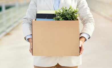 A person holding a cardboard box filled with office supplies and a green plant