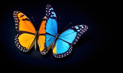 Fototapeta na wymiar red blue butterflies on a dark background
