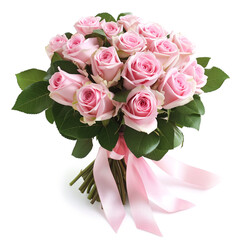 A bouquet of delicate pink roses, with a soft pink satin ribbon. whire background, AI Generative