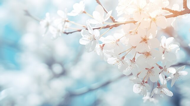 Branches of blossoming cherry macro with soft focus on gentle light blue sky background in sunlight with copy space. Beautiful floral image of spring nature panoramic view., generative ai