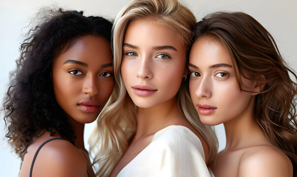 three beautiful female models standing next to each other at a fashion ad show, Generative AI 