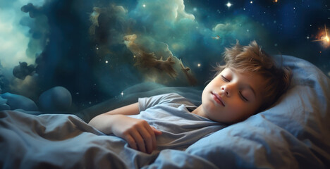 The boy is asleep in bed, surrounded by dreams and a cosmic backdrop
