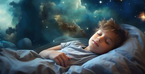 Fotobehang The boy is asleep in bed, surrounded by dreams and a cosmic backdrop © 18042011
