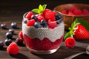 Chia seed pudding topped with fresh berries