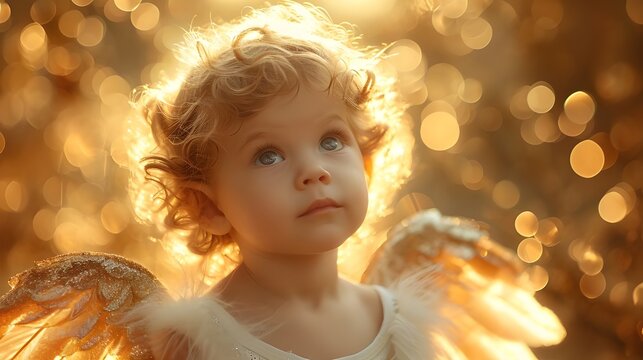 Adorable baby model dressed as angel with golden wings, cute infant boy girl studio shot portrait for festive holiday season. 