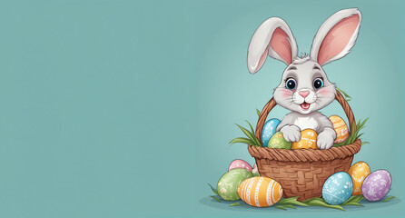 Easter bunny sits in a basket with painted easter eggs, cartoon style, copy space, Generative ai