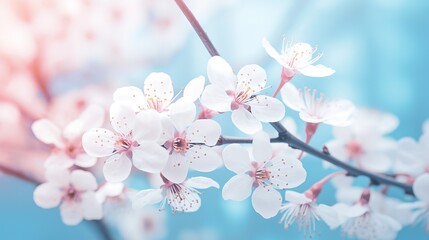 Fototapeta na wymiar Branches of blossoming cherry macro with soft focus on gentle light blue sky background in sunlight with copy space. Beautiful floral image of spring nature panoramic view., generative ai