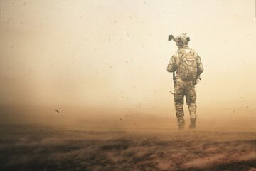 Military helicopters and forces between storm & dust in battlefield	 - obrazy, fototapety, plakaty